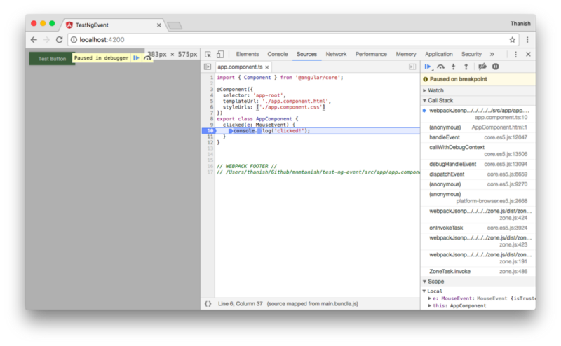 Screenshot taken during the second click event emit with the stack trace