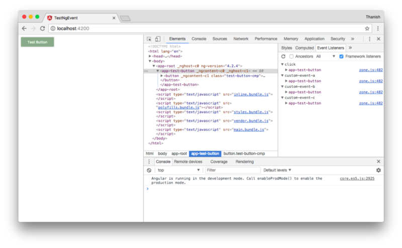 Screenshot of the list of event listeners on the app-test-button element